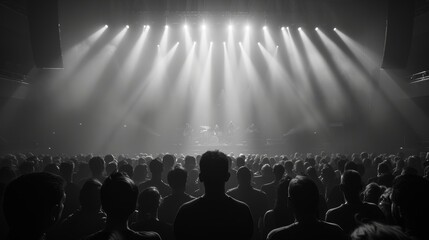 Wall Mural - A black and white photo taken from backstage looking out towards a crowd of people silhouetted by the bright stage lights