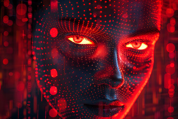 Canvas Print - Genderless person face, red glowing abstract digital background. 