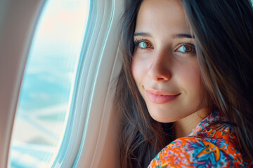 Wall Mural - The young woman at the plane window looks at the camera