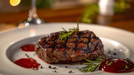 Wall Mural - Perfectly grilled steak with barbecue sauce on a white plate, serving as the focal point of the image against a blurred background, creating a soft ambiance