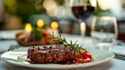 Sticker - A grilled steak with rosemary and barbecue sauce is served on a white plate on a restaurant table. The table is set with a glass of red wine and a fork