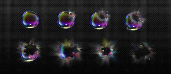 Poster - Iridescent soap bubble burst and disappear sequence steps for animation. Sprite sheet for flying rainbow colored transparent liquid soapy detergent or shampoo sphere. Realistic 3d vector set.