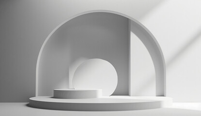 Poster - 3D render, abstract white background with empty podium scene and light shadow for product display presentation mock up design, luxury minimal style geometric platform studio stand showcase template in