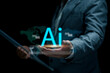 © HappyBall3692 - Ai tech.Businessman presenting AI technology with a holographic interface, symbolizing the integration of artificial intelligence in modern business practices.Chatbot Chat with AI.