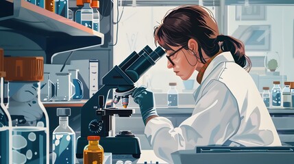 Vaccine research design with woman and microscope