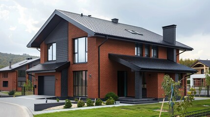 Poster - Modern Brick House with Black Roof and Garage