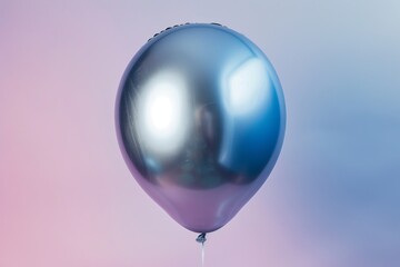 Poster - A single silver balloon filled with helium floats against a soft pink and blue gradient background. The balloons surface reflects light, giving it a shiny, metallic look