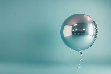 Poster - A single, silver helium balloon floats against a light blue gradient background. The balloon reflects the surrounding light, creating a shiny effect