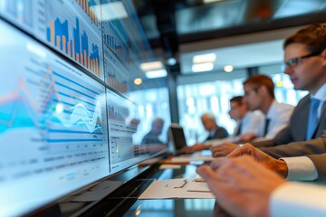 Poster - a close-up photograph of a group of business executives gathered around a conference room table, rev