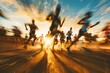 © Elmira - A dynamic stock photo capturing a group of marathon runners in motion during golden hour, with the setting sun casting a warm glow on the scene