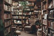© Elmira - An overhead shot of a bookstores interior, showcasing rows of bookshelves filled with countless volumes and a comfy armchair perfect for reading