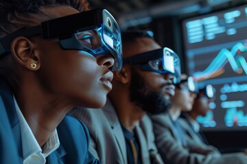 Poster - a low-angle shot of a diverse group of professionals in a modern boardroom, wearing augmented realit