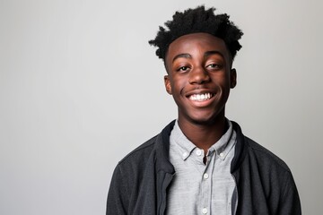 A young Black student stands in front of a gray background, looking directly at the camera with a broad smile. He is wearing a gray shirt under a black jacket