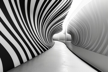 Poster - A panoramic view of a hallway with black and white striped walls curving into a tunnel