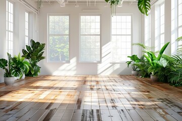 Poster - An empty white room with large windows and polished wooden floor, decorated with potted green plants. Sunlight streams in from the windows, casting shadows on the floor