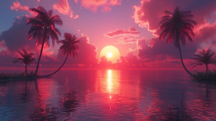 Sunset Tropical Beach Seascape Ocean, Panoramic beach landscape, Palm trees Ocean beach. Generative AI illustration