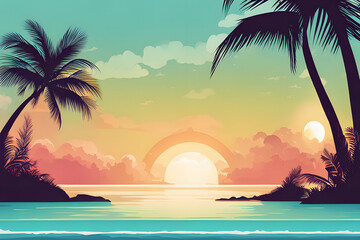 Poster - Dive into a world of relaxation with this vibrant summer beach illustration. Lush palm trees sway gently in the breeze, casting dappled shadows on pristine white sand. 