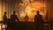 © khunnapat - Silhouetted business figures in a meeting room, with a glowing screen displaying data and a circular icon. The image suggests a corporate strategy session.