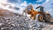 © liliyabatyrova - A large yellow wheel loader dumps a pile of rocks on a sunny day in a quarry
