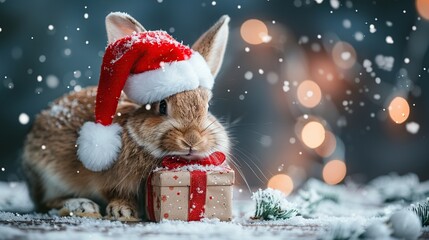 Poster - Cute Bunny With Santa Hat and Gift