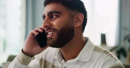 Poster - Indian man, phone call and home for freelancer networking, talking and app for conversation. Male person, speaking and online consulting for startup business, remote work and listening to contact