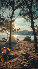 Wall Mural - Summer Camping by the Seaside with Aurora and Sunset Clouds, Perfect for Outdoor Activities, Company Retreats, and Retirement, High-Quality Nature Wallpaper, AI-Generated