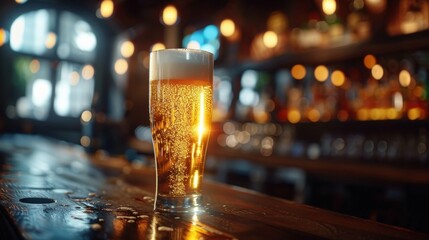 Wall Mural - A glass of beer sits on a wooden bar counter