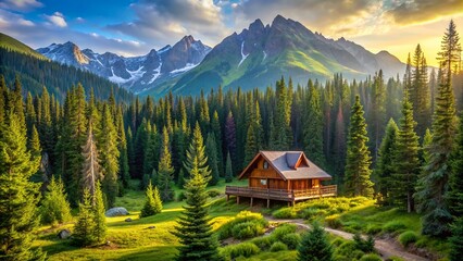 Serene panoramic view of a secluded summer house amidst vibrant green spruce forest near a majestic mountain range in Kazakhstan.