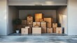© tashechka - A storage unit packed with various sized cardboard boxes, representing moving, storage, or logistics.