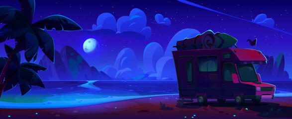 Wall Mural - Camper van standing on sea beach with palm trees, sand shore, calm water and stones at night under starry sky and moon light. Cartoon vector dark dusk ocean landscape with motorhome during trip.