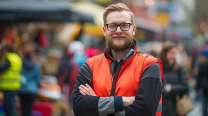 Poster - A man wearing a charity workers outfit poses strai  people, city, business, street, smiling, person, businessman, boy, woman, casual, guy, handsome, smile, looking, couple, face, outdoors, urban, men,