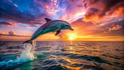 Vibrant pink dolphin leaps majestically out of the calm turquoise ocean, set against a breathtaking warm orange sunset backdrop.