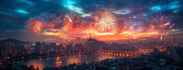 Wall Mural - wide horizontal event banner with celebrating, beautiful fireworks on the evening sky of a city