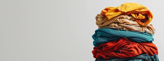  A stack of clothes atop a mound of clothing on a pristine white floor, adjoining a white wall