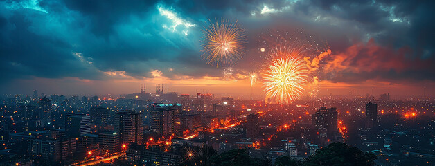 Wall Mural - wide horizontal event banner with celebrating, beautiful fireworks on the evening sky of a city