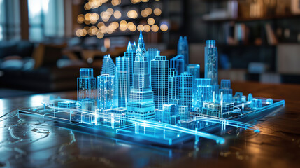 Wall Mural - Immersive 3D Augmented Reality City on Real Table - Futuristic Urban Environment