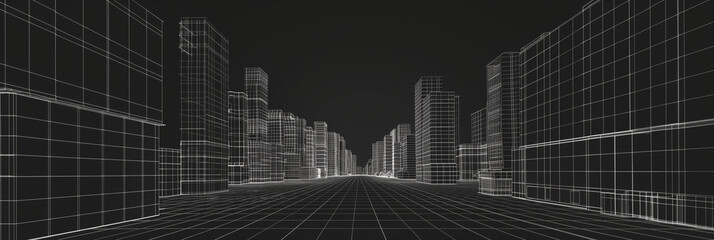 Wireframe Vector Graphics of Modern Buildings with Detailed Blueprints in Black and White Background