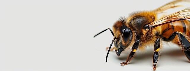 Wall Mural -  A bee, closely framed against a pristine white background, is accompanied by a softly blurred right side, suggesting a subtle, out-of-focus backdrop