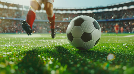 Wall Mural - A close-up photo of a soccer ball lying on a green field, a blurry player in the background running past