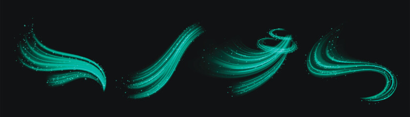 Wall Mural - turquoise air flows set isolated on black background. vector realistic illustration of green neon li