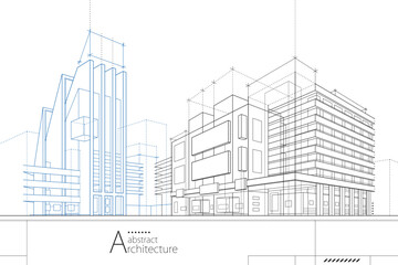 Wall Mural - 3D illustration abstract urban building out-line drawing of imagination architecture building construction design.