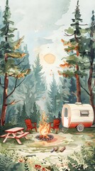 Wall Mural - Watercolor Style Illustration of Summer Camping Scene with Elegant Elements, Flat Design, Lush Plants, and Clear Sky, Perfect for Nature Enthusiasts, Travel, and Retirement Vacations, High-Quality AI-