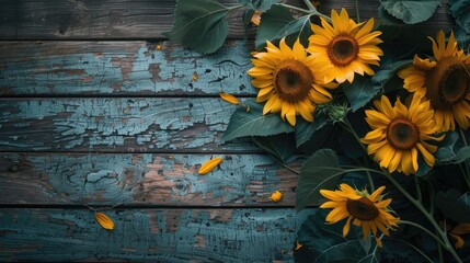 Poster - Sunflowers on wooden surface seen from above