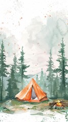 Wall Mural - Watercolor Style Illustration of Summer Camping Scene with Elegant Elements, Flat Design, Lush Plants, and Clear Sky, Perfect for Nature Enthusiasts, Travel, and Retirement Vacations, High-Quality AI-