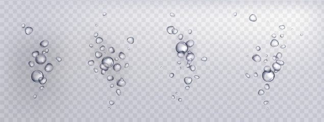 Wall Mural - Fizzy bubble in carbonated effervescent soda water or champagne. Realistic 3d vector illustration set of underwater oxygen or gas soda round blob. Abstract sparkling soluble tablet drop pattern.