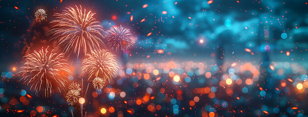 Wall Mural - wide horizontal event banner with celebrating, beautiful fireworks on the evening sky of a city