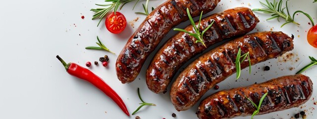 Wall Mural -  Four sausages atop a white plate, covered in ketchup, garnished with herbs and tomatoes