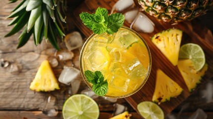 Wall Mural - Chilled pineapple mojito with ice lime and mint on wooden backdrop