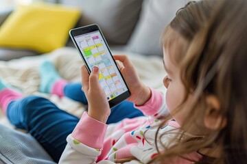 Poster - a little girl sitting on a couch holding a cell phone