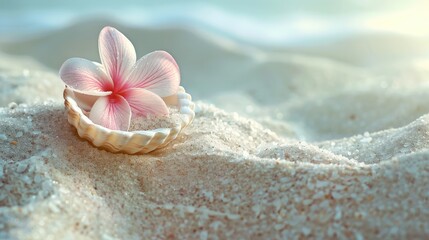 Wall Mural - Summer theme with pink flower in seashell on sandy background